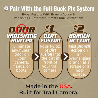 Buck Fever Buck Pix 2,3,4-Piece kit - Synthetic Deer Scent (4 oz Branch Action & 4 oz Dirt Fusion) for Whitetail & Mule - Non-Spoiling Deer Attractant for Outdoor Trail Camera - size: 4 oz (Dirt Fusion)