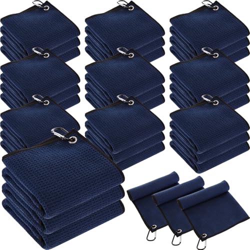 Batiyeer 30 Pcs Golf Towels Bulk for Bags 16'' x 16'' Microfiber Fabric Golf Towel with Clip Waffle Pattern for Men Mini Tournament Fitness Yoga Camping(Navy Blue) - color: Navy Blue