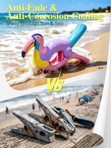 Towel Clips for Beach Chairs, 8 Pack Heavy Duty Beach Towel Clips - Cute Ocean Series with Mermaid/Flamingo/Parrot Designs, Windproof Clothespins for Cruise, Pool & Patio - style: Mermaid Tail + flamingo + parrot