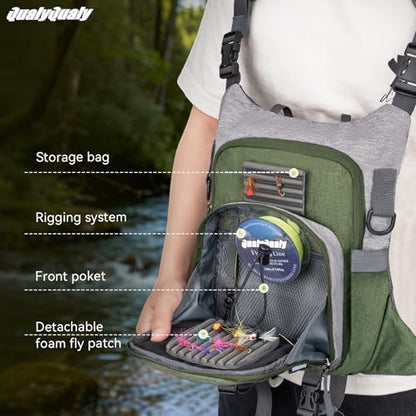 QulayQualy Fly Fishing Pack - Chest Pack with Work Station Lightweight Tackle Fishing Bag with Quick-Release (Green, L-12'' w/Cup Sleeve) - color: Green, size: L-12''