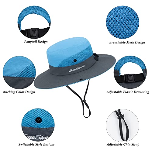 Sun Hat for Women Summer UV Protection Beach Hat Wide Brim Mesh Bucket Fishing Hat with Ponytail Hole Foldable Packable Hat - color: Blue(with Ponytail Hole)