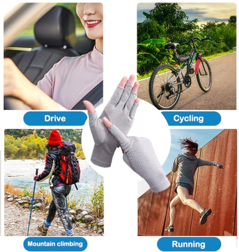 Eohak Women Driving Gloves Sun UV Protection Summer Outdoor Hiking UPF 50+ Glove Touchscreen Half-Finger Glove - color: Grey
