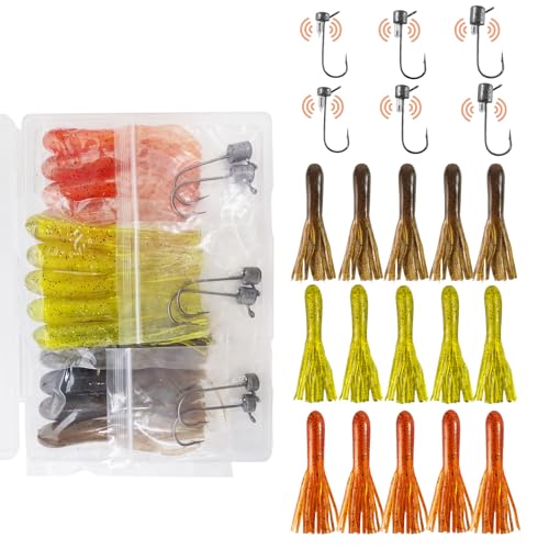 Eupheng Tube Baits for Bass Fishing, Soft Plastic Bait Worm Tube Jig Kit Tube Worms with Tube Jig Heads for Lake Trout Smallmouth Largemouth Bass - size: 3.5"tube(15)+3/16oz(2)+1/4oz(2)+3/8oz(2)RATTLEjig