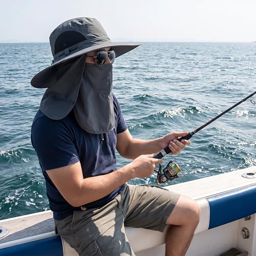Fishing Hat for Men, UPF 50+ Removable Sun Protection Cap with Face Neck Flap, Hiking & Garden Summer Sun Hat for Women (US, Alpha, One Size, Grey)