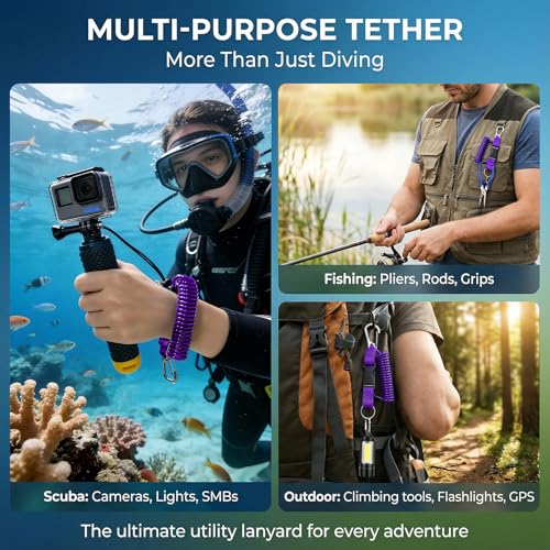 Scuba Diving Lanyard - Underwater Camera Lanyard, Anti-Loss Retractable Gear Tether with Quick-Release Buckle Clip - color: Purple