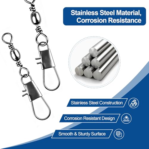 200PCS Ball Bearing Barrel Snap Swivels, Heavy Duty Fishing Swivels with Safety Snap, Anti-Tangle Fishing Tackle Connectors for Freshwater Saltwater Lures Hooks