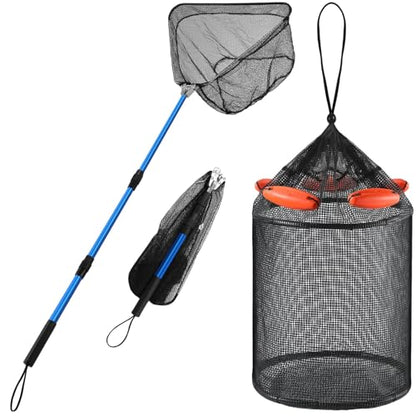 Lasnten 2 Pcs Extra Large Foldable Floating Fish Basket for Live Caught Net Collapsible Floating Fishing Basket with Long Robust Telescopic Handle Rubber Mesh Net Bait for Bait Live Well Storage
