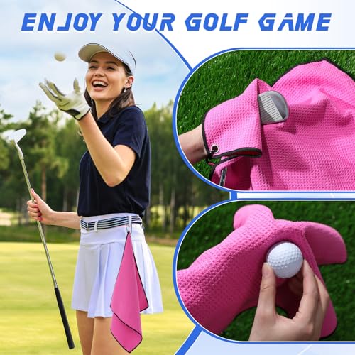Batiyeer 12 Pcs Golf Towel Bulk for Golf Bags Microfiber Fabric Towel with Clip Waffle Pattern, Fitness, Camping, Hiking, Yoga - color: Rose Red, Gray, Blue