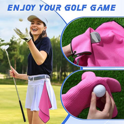 Batiyeer 12 Pcs Golf Towel Bulk for Golf Bags Microfiber Fabric Towel with Clip Waffle Pattern, Fitness, Camping, Hiking, Yoga - color: Rose Red, Gray, Blue