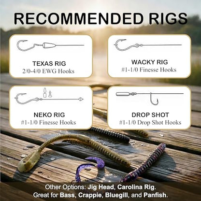 5.5" Pulse Slim Worm Soft Lure for Bass Fishing, Slim Profile Salt Infused Responsive Curl Tail with Ribbed Body & Reinforced Hook Section, 12 Pack - color: Black Blue
