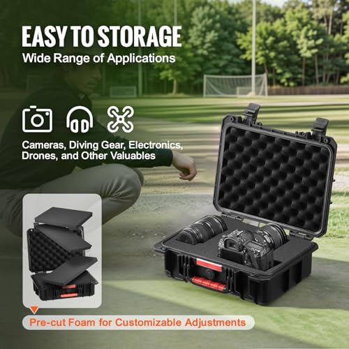 VEVOR Weatherproof Hard Case, Heavy Duty Protective Dry Box with Pre-cut Foam, Retractable Pull Handles for Travel, Hunting, Military, Tactical, IP67 Waterproof Case for Cameras(14.96x11.81x5.51) - size: 14.96 x 11.81 x 5.51 in