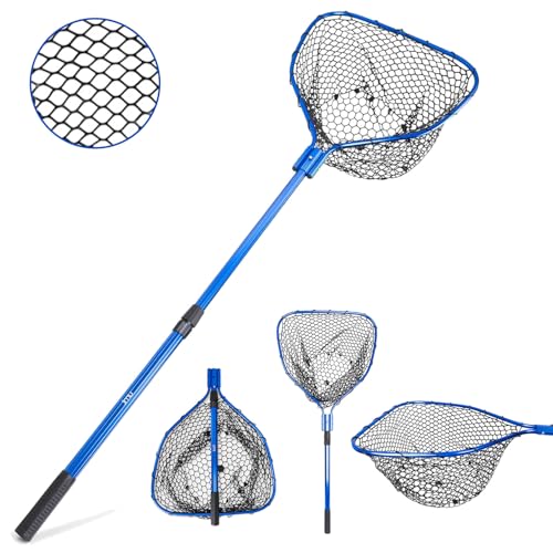 UMT Telescopic Fishing Landing Net (3.6–5 ft) — 17" x 19" Large Hoop, 10" Deep Silicone Rubber Mesh, Tight Handle Fit, for Freshwater & Saltwater, Blue
