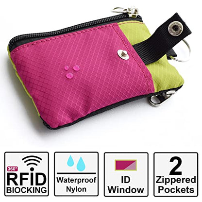 CHENSPRX Minimalist RFID Blocking Small Wallet with ID Window,WaterResistant Zip Id Case Wallet with Lanyard Keychain for Cards,Cash,Travel,Women,Men - color: RoguePink+YellowGreen