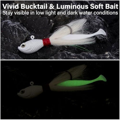 Dr.Fish 3 Pack Bucktail Jigs with Paddle Tail Swimbait Trailer, Saltwater Fishing Hair Jigs Buck Tail Lure White Surf Fishing Mackerel Flounder Bluefish Snapper - color: White, size: 4oz-Hook 8/0