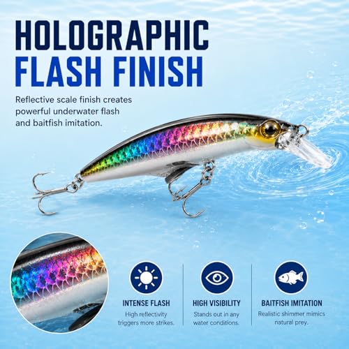Pack for Trail Fishing Lures for Bass, Sinking Minnow Jerkbait with Box, Long Casting Wobbling Crankbait, 3D Eyes & Sharp Treble Hooks, Freshwater Fishing Hard Baits for Bass Walleye Crappie