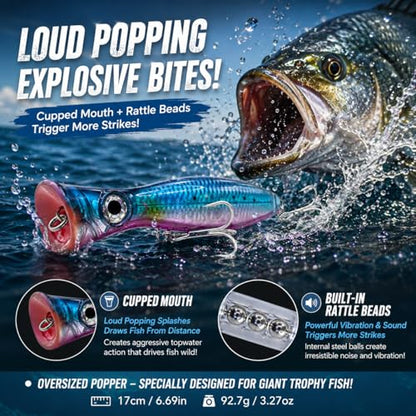 6.7-Inch Offshore Saltwater Popper Lures, 3.27 oz Topwater Fishing Lures for Long Casting & Boat Trolling, Tuna, Striped Bass, Bluefish & GT, Heavy-Duty Treble Hooks, 2-Pack with Storage Box