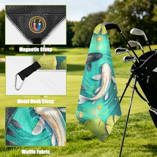 Fish 2 Pack Waffle Pattern Golf Towels, 17.7"x17.7" Square Golf Towel with Carabiner Clip and Magnetic Snap for Cleaning Golf Ball, Club