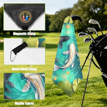 Fish 2 Pack Waffle Pattern Golf Towels, 17.7"x17.7" Square Golf Towel with Carabiner Clip and Magnetic Snap for Cleaning Golf Ball, Club