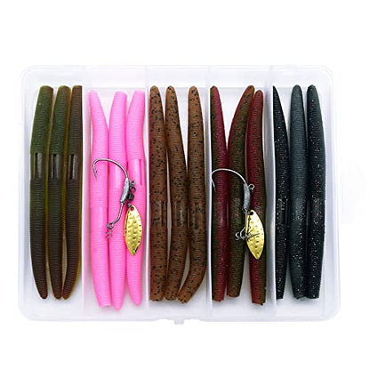 Soft Plastic Bass Fishing Lure 5.3" Senko Style Worms-Salt Impregnation, Ribbed Design Slow Sinking Swimbaits - color: 5 colors kit