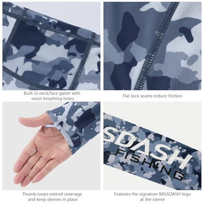 BASSDASH Men’s UPF 50+ Hooded Breathable Camo Shirts with Face Mask Lightweight Neck Gaiter Fishing Hiking Hoodie Shirt FS51M - color: Blue Camo, size: 3X-Large
