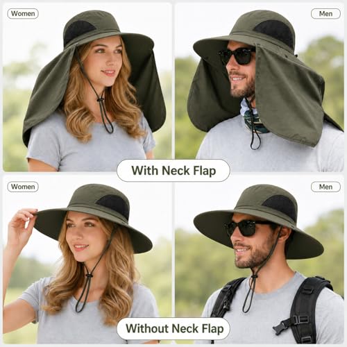 HUAMULAN Women Large Brim Sun Hat with Neck Flap, Men Quick Dry Hiking Fishing Safari Hat UPF 50+ - color: Yq005-armygreen