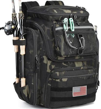 HAMBOLY Fishing Backpack 45L with Rod Holders, Water-Resistant Tackle Backpack for Fishermen, Large Capacity Fishing Gear Bag for Travel Hiking Camping - color: Dark CM