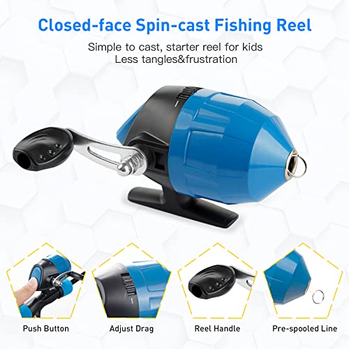 Kids Fishing Pole Kit, 59'' Telescopic Rod and Reel Beginner Combo with Spincast Reel,Tackle Box, Carrier Bag,Fishing Gear for Boys,Girls, Toddler,Youth - color: Blue+Black