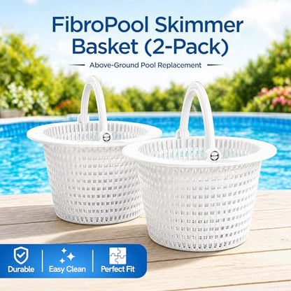 FibroPool Above Ground Pool Skimmer Basket Replacement 2 Pack - Through-Wall Strainer - Pivot Handle - 6.15" Top Width - Pool Filtration Strainer
