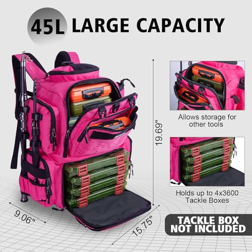 Goture Fishing Backpack,900D Water-Resistant Tackle Backpack with Rod Holders,45L Large Fishing Bag Storage Gear Tackle Bag with Rain Cover,Bottle Holder for Travel Camping Hiking(Without Tackle Box) - color: A2:45L Pink(Without Tackle Box)