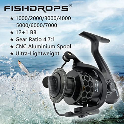 Fishdrops Spinning Fishing Reels 12+1BB Ultra Lightweight Carved Aluminum Spool Reels Affordable Smooth Spinning Reels - size: Size6000