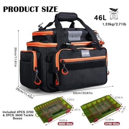 Goture Fishing Tackle Bag with 4pcs 3700 & 2pcs 3600 Tackle Boxes, 600D Water-Resistant Soft Side Saltwater Gear Storage Fishing Bag with Rod Straps, Detachable Water Bottle Pouch, Waterproof Bottom - color: C3:Black Orange with (4)3700&(2)3600 Tackle Box