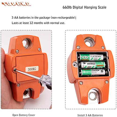 Hanging Weight Scale 660lb - Digital Hanging Scale 660lb with Cast Aluminum Case Handheld 300Kg Mini Crane Scale Fit for Farm Hunting Fishing Outdoor (with Accurate Sensors, LED, Hooks)