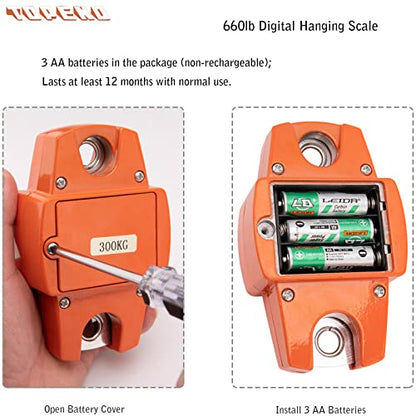 Hanging Weight Scale 660lb - Digital Hanging Scale 660lb with Cast Aluminum Case Handheld 300Kg Mini Crane Scale Fit for Farm Hunting Fishing Outdoor (with Accurate Sensors, LED, Hooks)