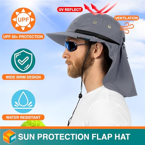 SUN CUBE UPF50+ Sun Hat for Men Women with Neck Flap, Wide Brim UV Protection Fishing Safari Hat for Hiking Beach Gardening - color: Gray