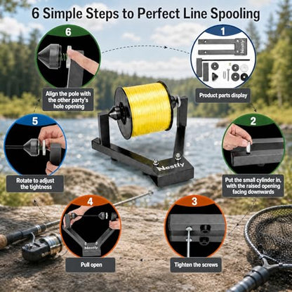 Fishing Line Spooler for Large Spools, Holds filler and bulk spools, Width Less than 5 in, Portable line winder fishing line Spooler with heavy-duty steel construction, Foldable and Adjustable Tension