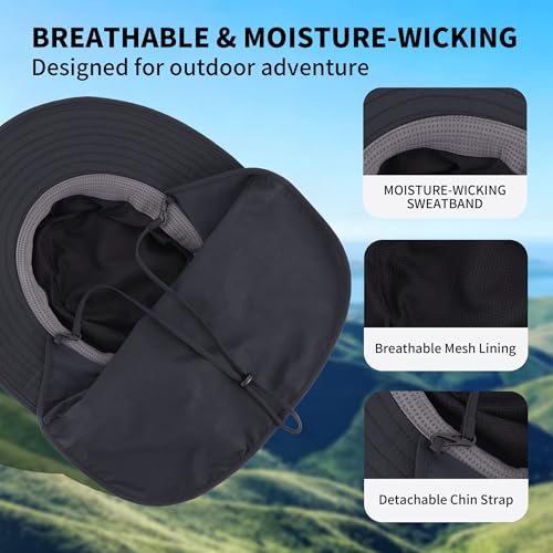 Connectyle Wide Brim Sun Hat for Men Women UPF 50+ Breathable Fishing Hat with Neck Flap Outdoor Hiking Safari Bucket Hats - color: Black