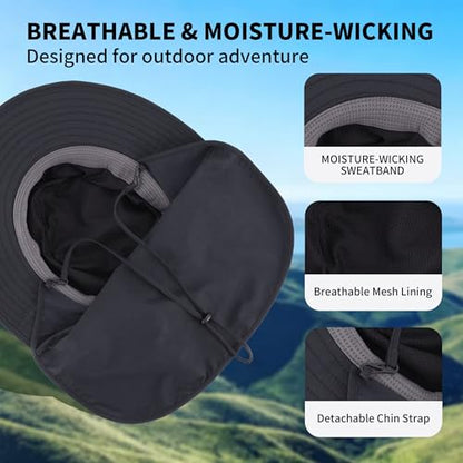 Connectyle Wide Brim Sun Hat for Men Women UPF 50+ Breathable Fishing Hat with Neck Flap Outdoor Hiking Safari Bucket Hats - color: Black