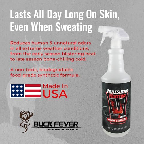 Buck Fever Vanishing Hunter Scent Killer Spray, Synthetically Formulated Hunting Scent - Suitable in Extreme Weather Conditions for Human & Gears - Scent Blocker Spray Neutralizers Human Odor - size: 32oz
