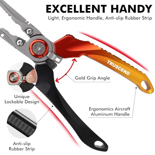 TRUSCEND Lockable Fishing Pliers with High Tungsten Carbide Cutter, Innovative Ergonomic Handy Handle, Saltwater Corrosion Resistant Teflon Coated Fishing Tool, Super Light Multi-Function Fishing Gear - color: A2-gold