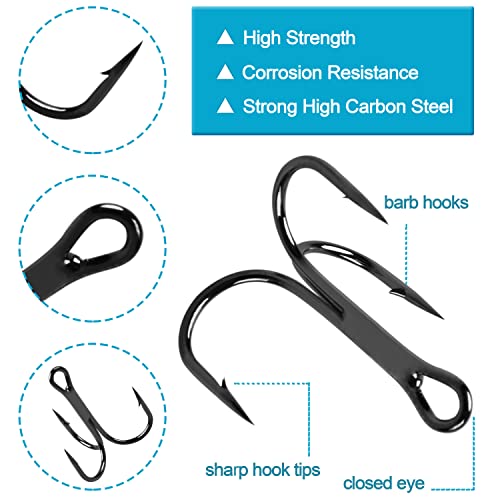 Treble Hooks and Split Rings Kit, 130Pcs Assorted Classic High Carbon Steel Fishing Triple Hooks Heavy Duty Stainless Steel Split Ring for Fishing Lures Saltwater Freshwater