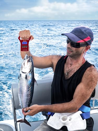 HEETA Fish Scale, 110lb/50kg Digital Portable Hanging Fishing Weight Scale with Backlit LCD Display, Luggage Scale with Hook, Non-Slip Large ABS Handle & 2 AAA Batteries, Fishing Gifts Gear for Men - color: Red