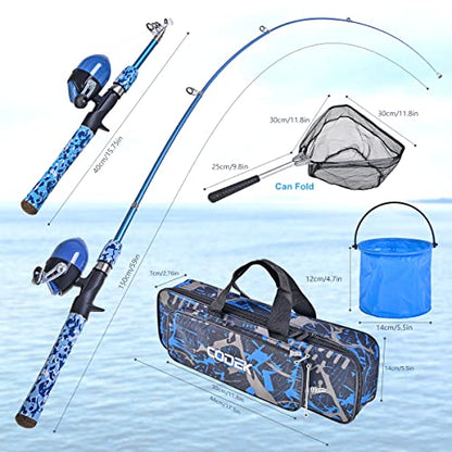 CODEK Kids Fishing Pole Set with Full Starter Kits 2 Set Portable Telescopic Fishing Rod and Spincast Reel Cambos with a Fishing Net and 2 Buckets for Boys Girls and Youth - color: Blue+Orange