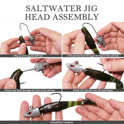Saltwater Jig Heads 10 Pack, 3D Red Eyes with Bait Keeper & Belly Trailer Hole, 3/4oz to 1-3/4oz, 6/0 & 8/0 Hooks for Inshore Offshore Saltwater Fishing - size: Assorted Sizes - 10Pcs (2Pcs each size)
