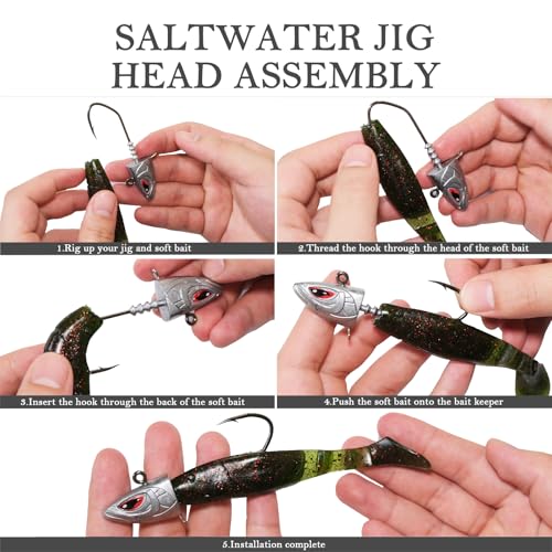 Saltwater Jig Heads 10 Pack, 3D Red Eyes with Bait Keeper & Belly Trailer Hole, 3/4oz to 1-3/4oz, 6/0 & 8/0 Hooks for Inshore Offshore Saltwater Fishing - size: 1-3/4oz - 10Pcs