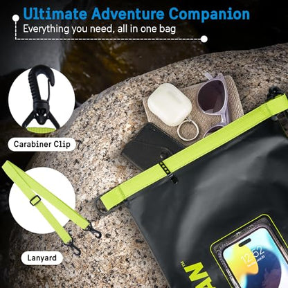 Pelican Marine IP68 Waterproof Dry Bag 5L w/Phone Pouch/Case - Black/Yellow | Roll Top Waterproof Backpack with Touchscreen Phone Pouch - Swimming, Kayaking, Camping, Rafting, Fishing & Travel Essentials - color: Black/Yellow - 5L, size: 5L