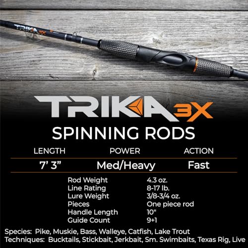 TRIKA 3X Carbon Rod Carbon Weave Rod for Extra Sensitive Vibration | Longer Casting | Lightweight Freshwater Fishing Pole - style: Spinning 7'3" Medium Heavy/Fast 1pc.