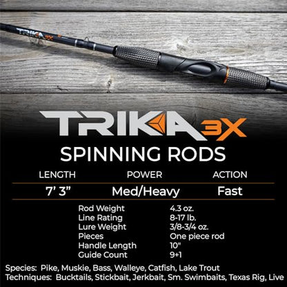 TRIKA 3X Carbon Rod Carbon Weave Rod for Extra Sensitive Vibration | Longer Casting | Lightweight Freshwater Fishing Pole - style: Spinning 7'3" Medium Heavy/Fast 1pc.