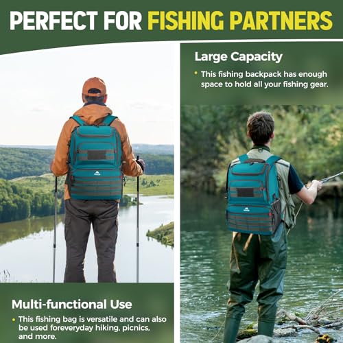 MATEIN Fishing Backpack Tackle Box, Tackle Backpack with Cooler for Men | Tackle Box Backpack, Fishing Bag with Rod Holders, Hold 4 3600 Tackle Boxes, Water Resistant, Gear Accessories, Fishing Gifts - color: Icy Blue & Grey
