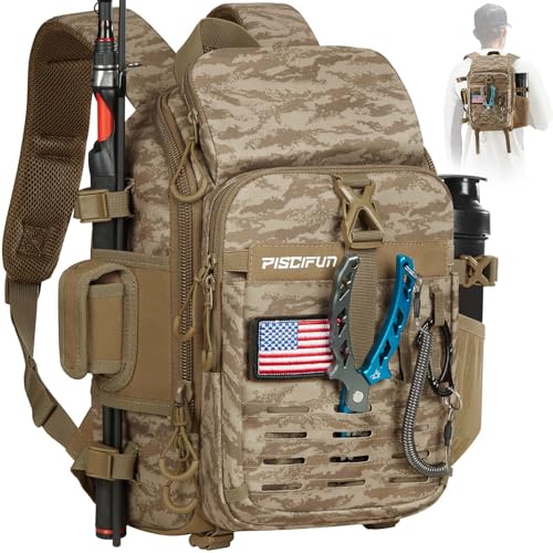 Piscifun Fishing Tackle Backpack with Rod & Gear Holder, Lightweight Outdoor Water-Resistant Fishing Shoulder Storage Bag with Protective Rain Cover, Khaki Camouflage - color: Khaki Camouflage, size: Standard