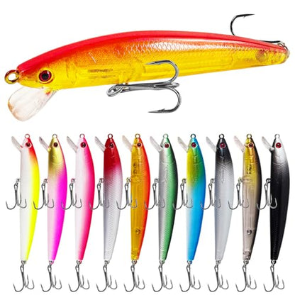 10Pcs Jerkbait Fishing Lures Kit Minnow Lures Crankbaits with Treble Hooks for Saltwater and Freshwater Topwater Fishing Bait for Bass Trout Pike Walleye